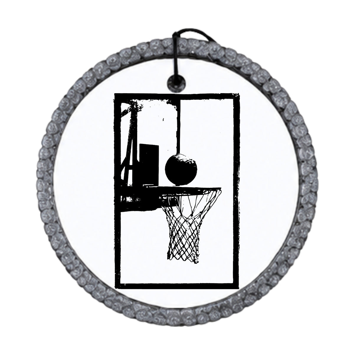 Black silhouette of a basketball hoop with a basketball at the rim.