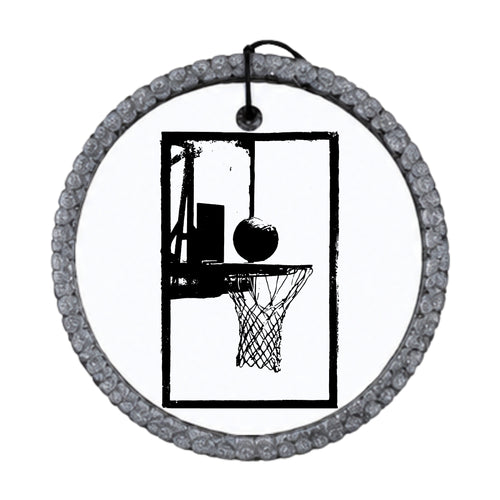 Black silhouette of a basketball hoop with a basketball at the rim.