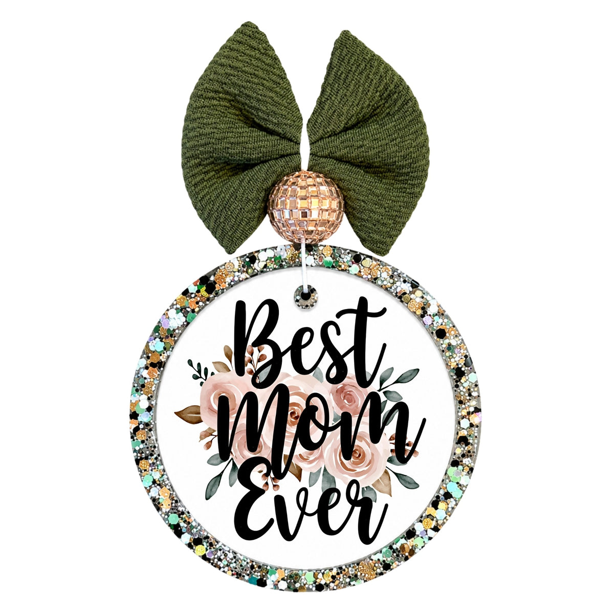 Best Mom Ever text over soft blush floral roses and greenery.