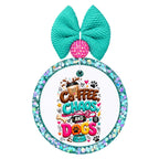 Coffee Chaos and Dogs text with coffee cup, paw prints, dog leash, and pet accents.