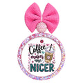 Coffee Makes Me Nicer text with iced coffee cup, pink checkers, flowers, and bows.
