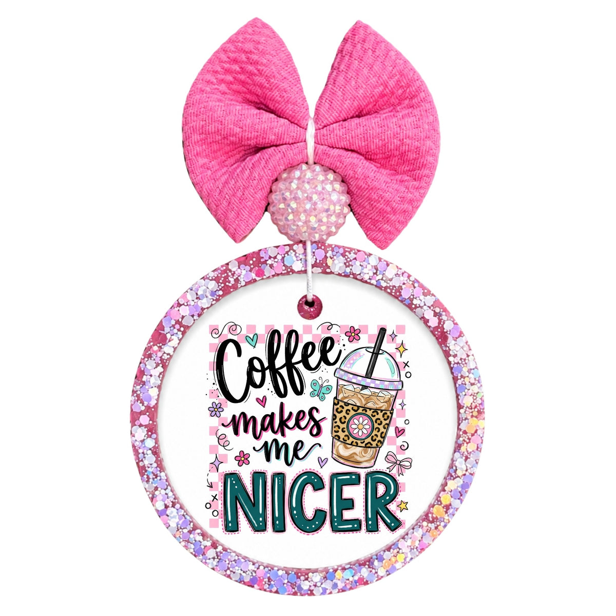 Coffee Makes Me Nicer text with iced coffee cup, pink checkers, flowers, and bows.