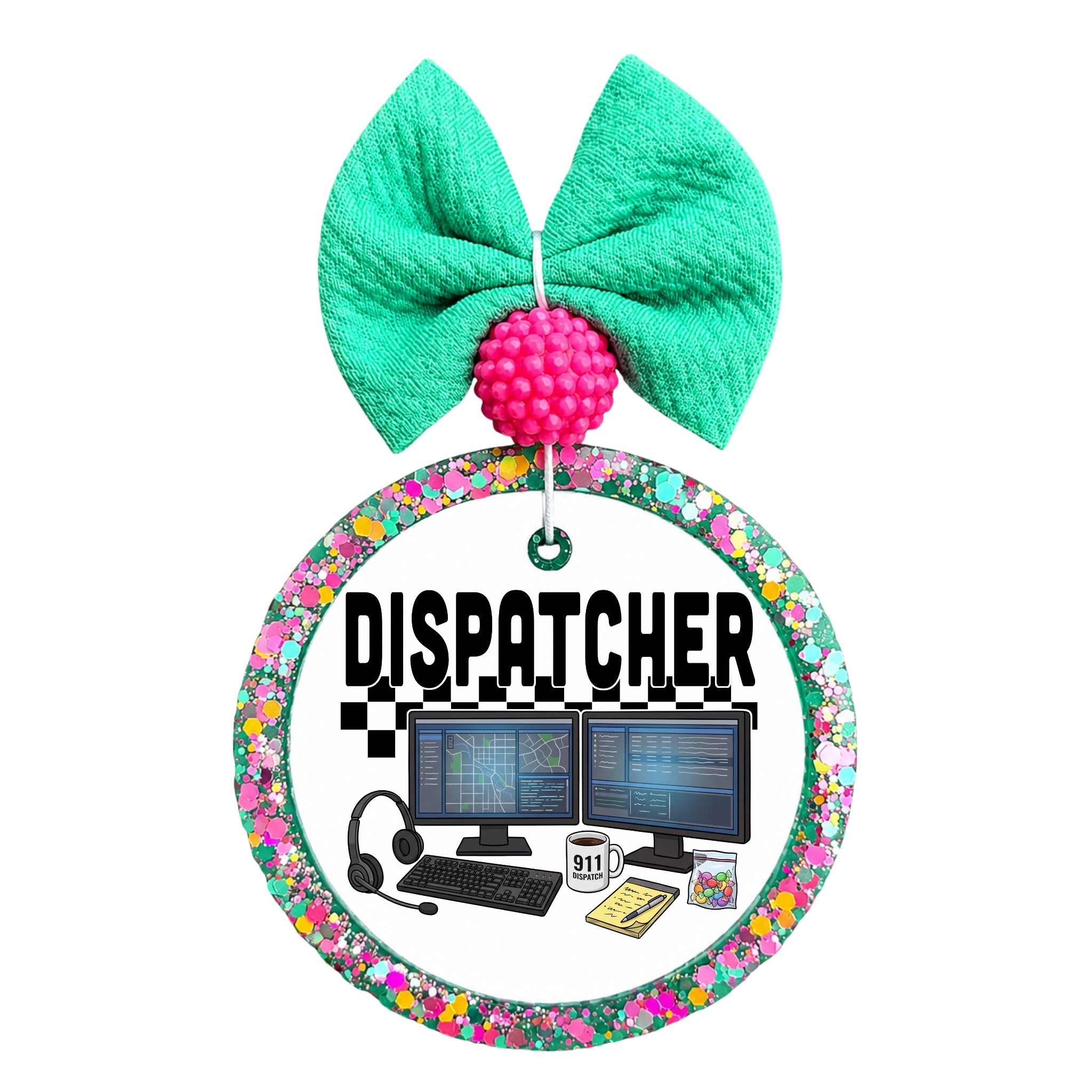Dispatcher text above a 911 dispatch workstation with headset and computer monitors.