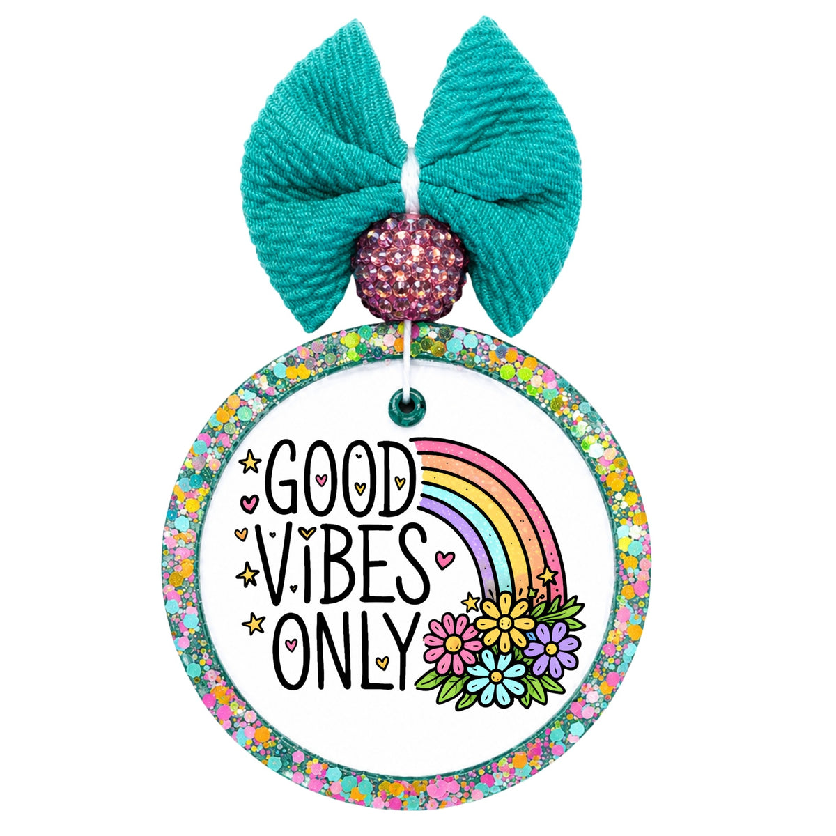 Good Vibes Only text with pastel rainbow, flowers, hearts, and stars.