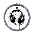 Black headphones silhouette with paint splatter accents.