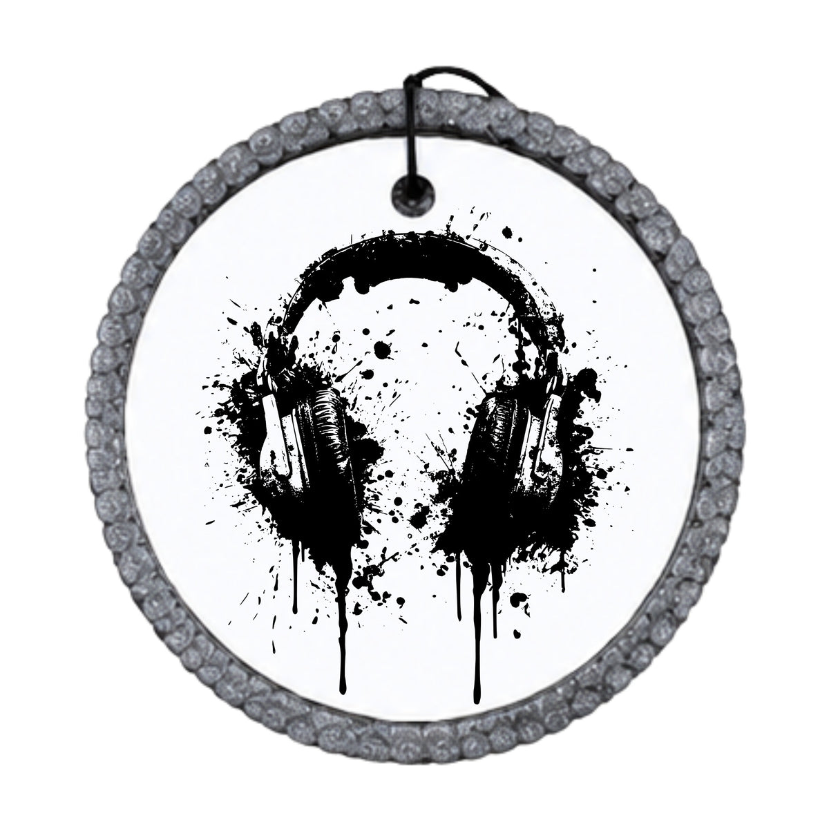 Black headphones silhouette with paint splatter accents.