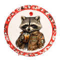Raccoon holding an iced drink wearing a jacket with I Identify As A Problem patches.