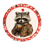 Raccoon holding an iced drink wearing a jacket with I Identify As A Problem patches.