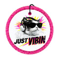 Just Vibin text with a cool cat wearing sunglasses and headphones with neon accents.