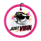 Just Vibin text with a cool cat wearing sunglasses and headphones with neon accents.