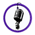 Black vintage microphone silhouette with distressed ink texture.