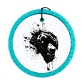 Black motorcycle helmet silhouette with paint splatter accents.