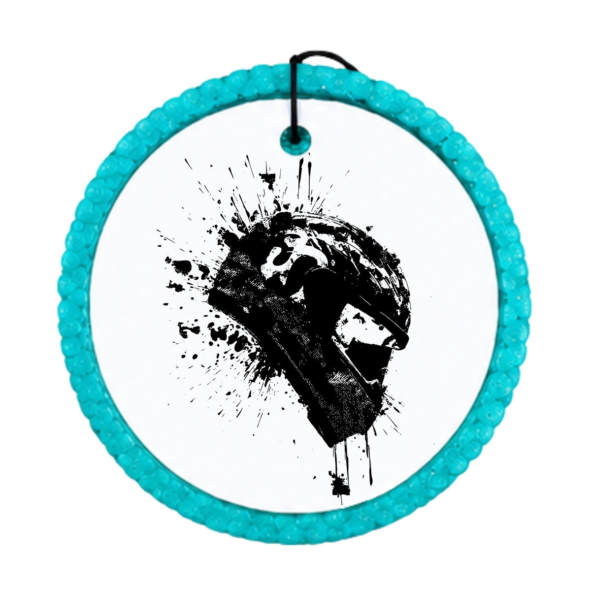 Black motorcycle helmet silhouette with paint splatter accents.
