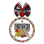 My Heart Belongs to a Firefighter text with helmet, hose, turnout gear, oxygen tank, fire truck, and mug.