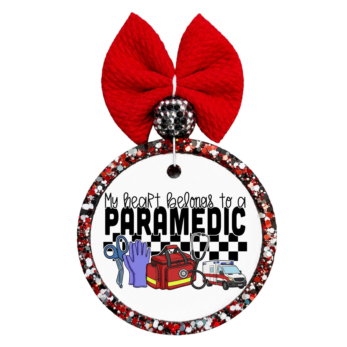 My Heart Belongs to a Paramedic text with shears, gloves, medical bag, stethoscope, and ambulance.