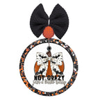Not Crazy Just a Little Batty text with a football-shaped pumpkin, bat-print bow, and Halloween bats.