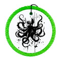Black octopus silhouette with ink splatter and distressed paint accents.