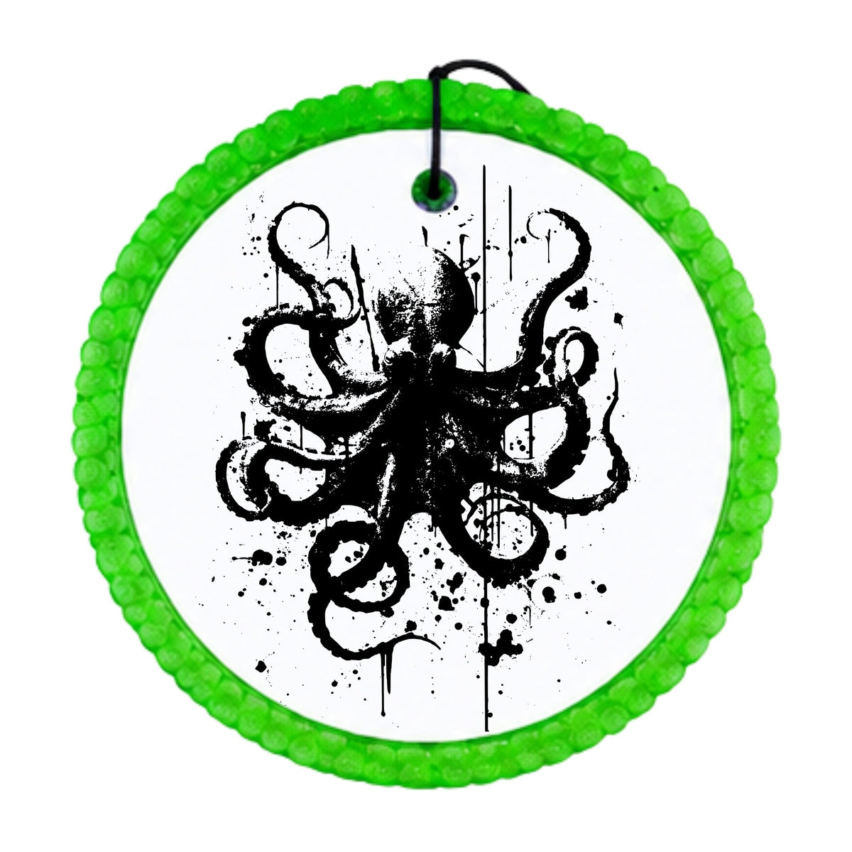 Black octopus silhouette with ink splatter and distressed paint accents.