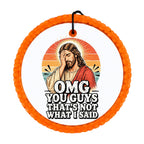 Jesus facepalm illustration with OMG You Guys That's Not What I Said text and retro sunset background.