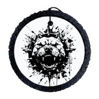 Black pitbull face silhouette with spiked collar and paint splatter accents.