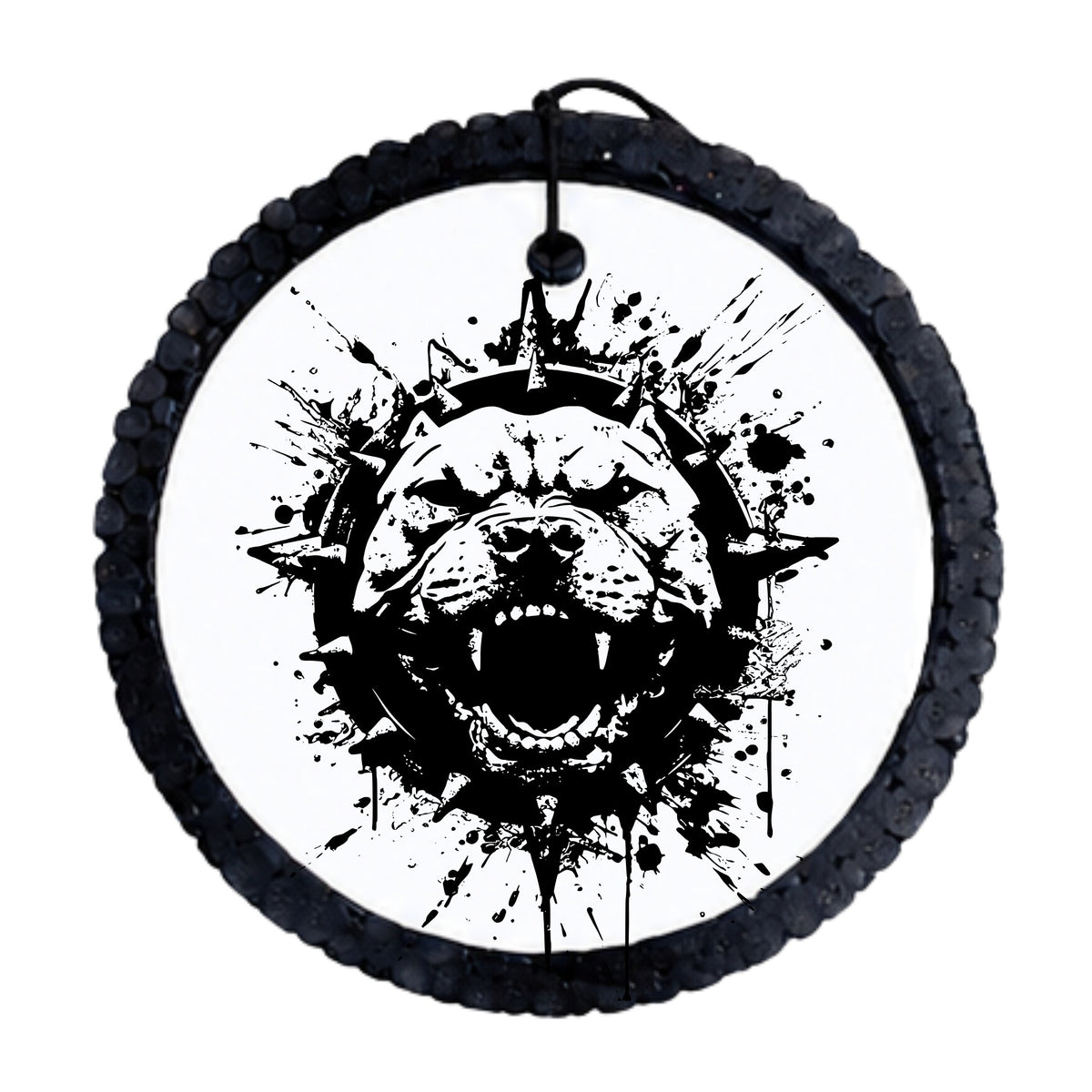 Black pitbull face silhouette with spiked collar and paint splatter accents.