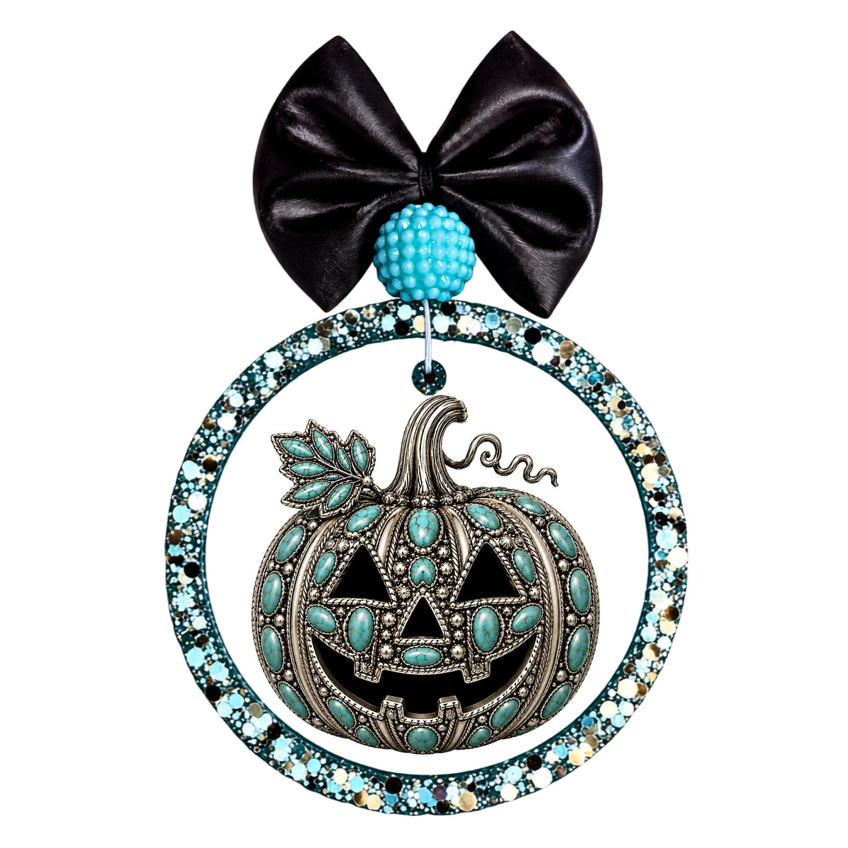 Western-style jack-o-lantern pumpkin decorated with turquoise stones and silver details.