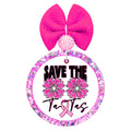 Save the Tatas text with pink flowers and a pink breast cancer awareness ribbon.