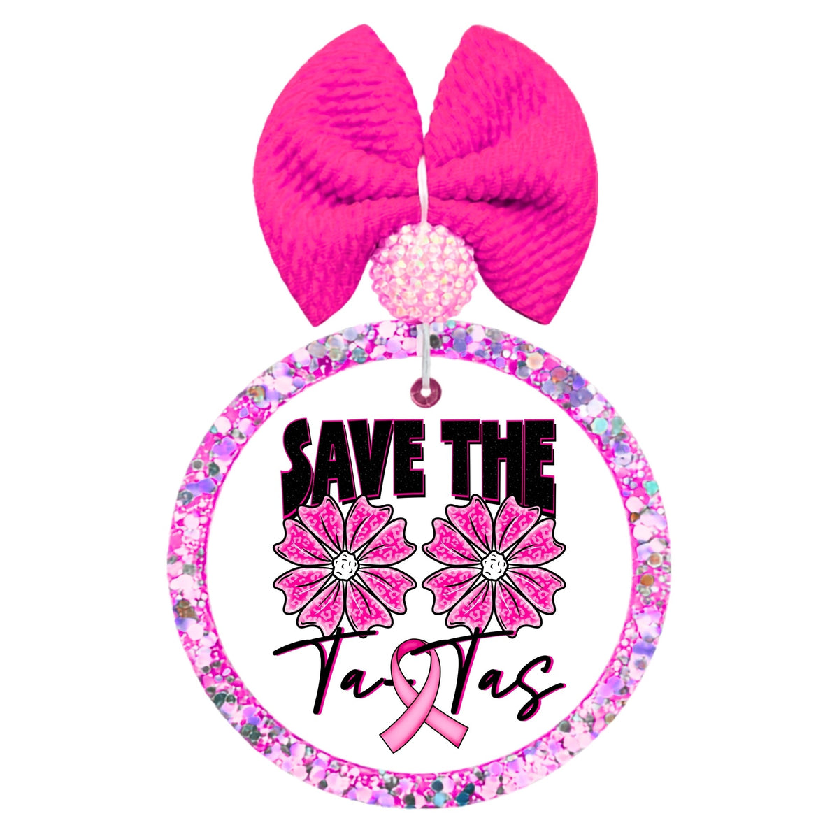 Save the Tatas text with pink flowers and a pink breast cancer awareness ribbon.