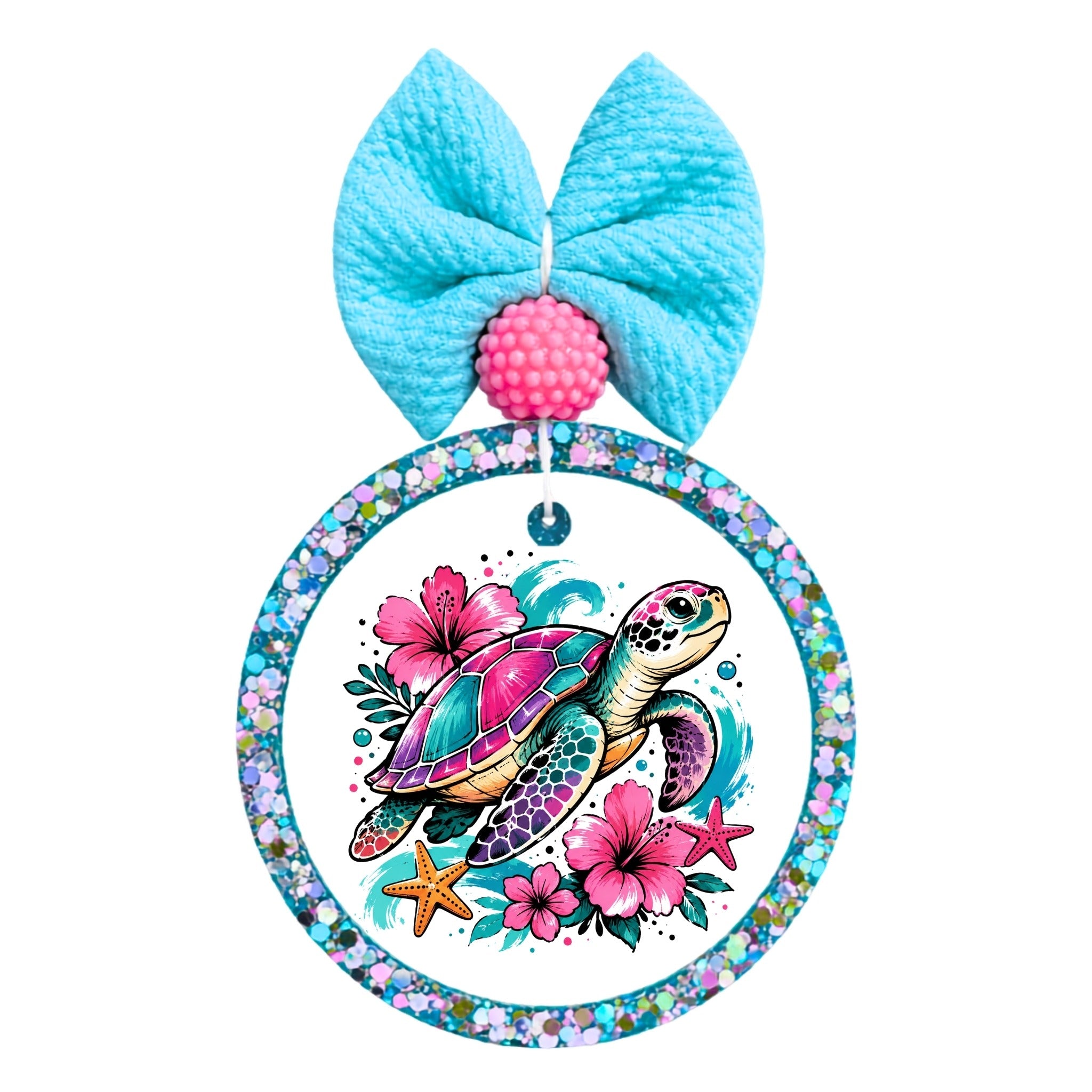 Colorful sea turtle swimming with pink tropical flowers, starfish, and ocean accents.