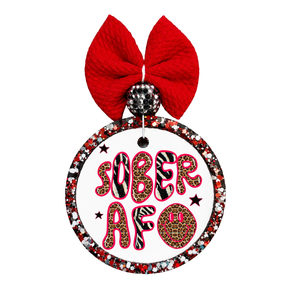 Sober AF text in bold animal-print letters with stars and a smiley face.