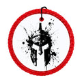 Black Spartan warrior helmet silhouette with distressed paint splatter accents.