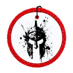 Black Spartan warrior helmet silhouette with distressed paint splatter accents.