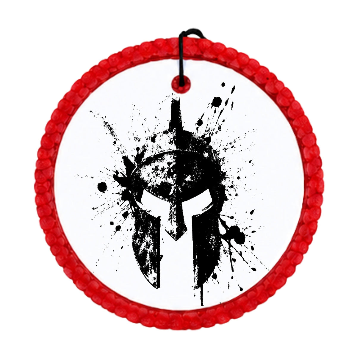 Black Spartan warrior helmet silhouette with distressed paint splatter accents.