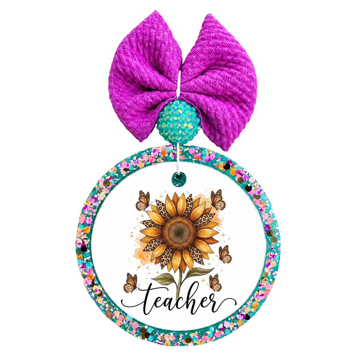 Teacher text with leopard-print sunflower and butterflies.