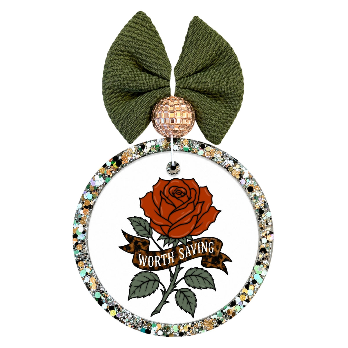 Worth Saving text on a ribbon wrapped around a red rose.
