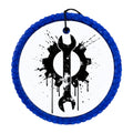 Black wrench and gear silhouette with distressed paint splatter accents.
