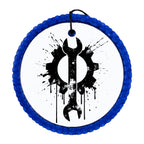Black wrench and gear silhouette with distressed paint splatter accents.