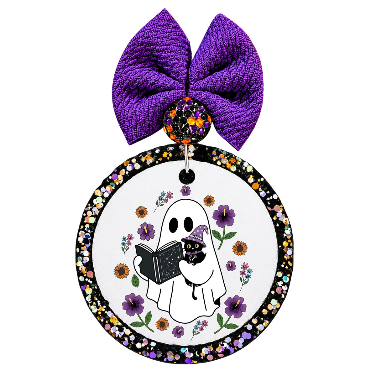 Ghost reading a celestial book while holding a black cat, surrounded by purple and orange flowers.