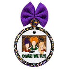 Come! We Fly! text with three witch silhouettes, bats, and leopard-print background.