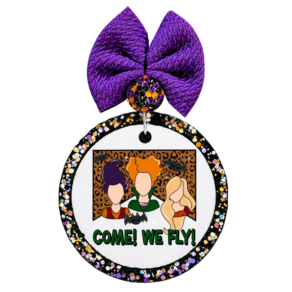 Come! We Fly! text with three witch silhouettes, bats, and leopard-print background.