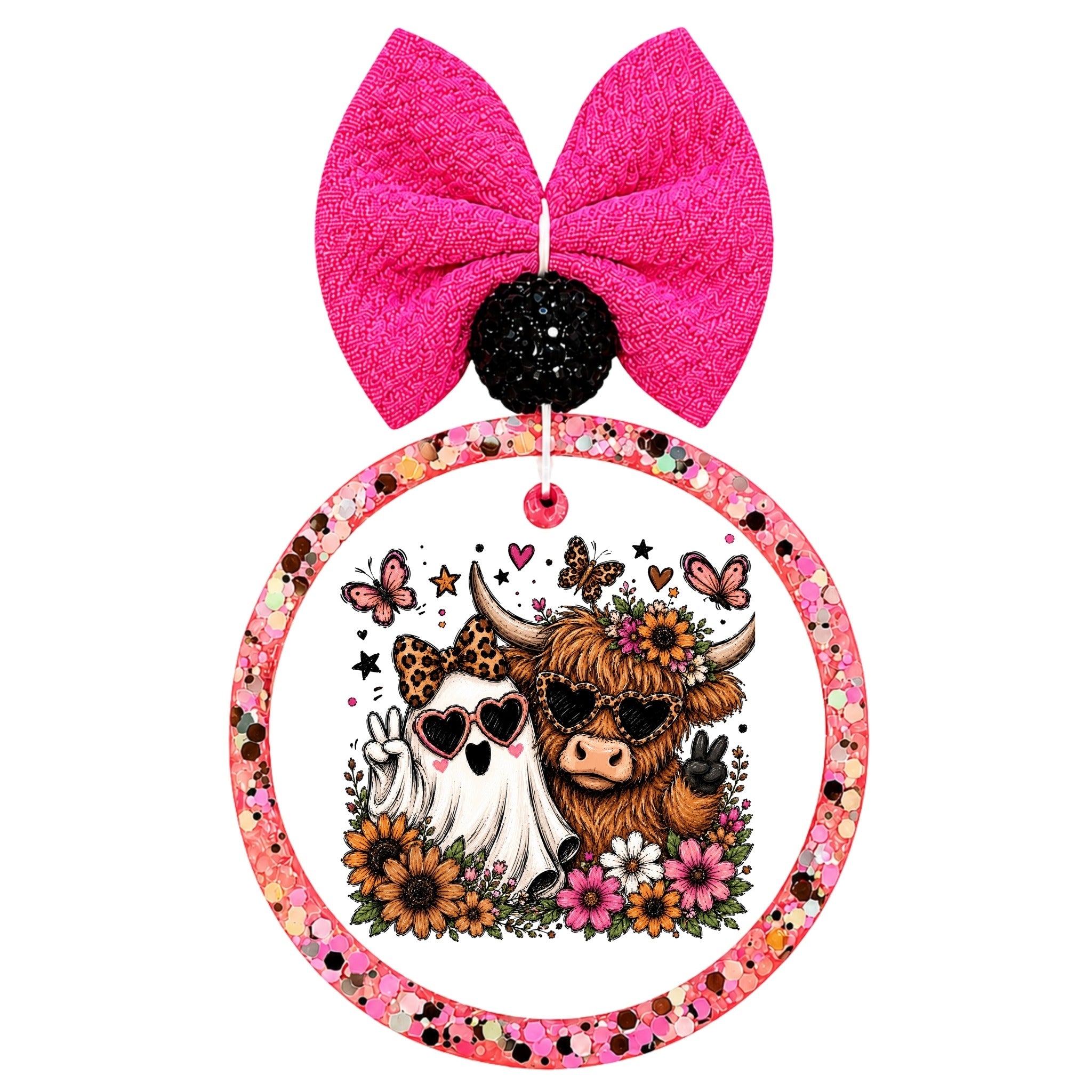 Cute ghost and Highland cow wearing heart sunglasses, surrounded by flowers, butterflies, and fall accents.
