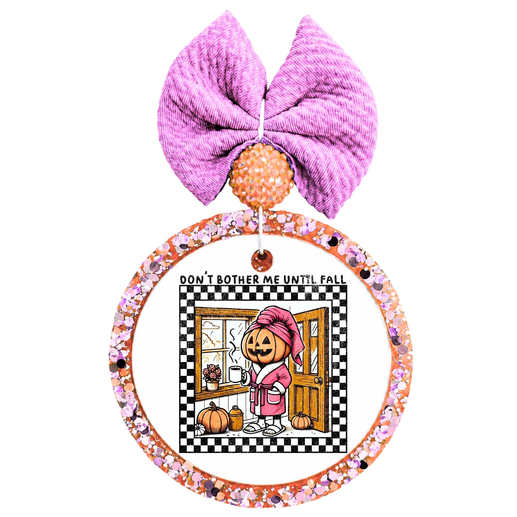 Don't Bother Me Until Fall text with pumpkin-headed figure in a robe holding a mug in a cozy fall doorway.