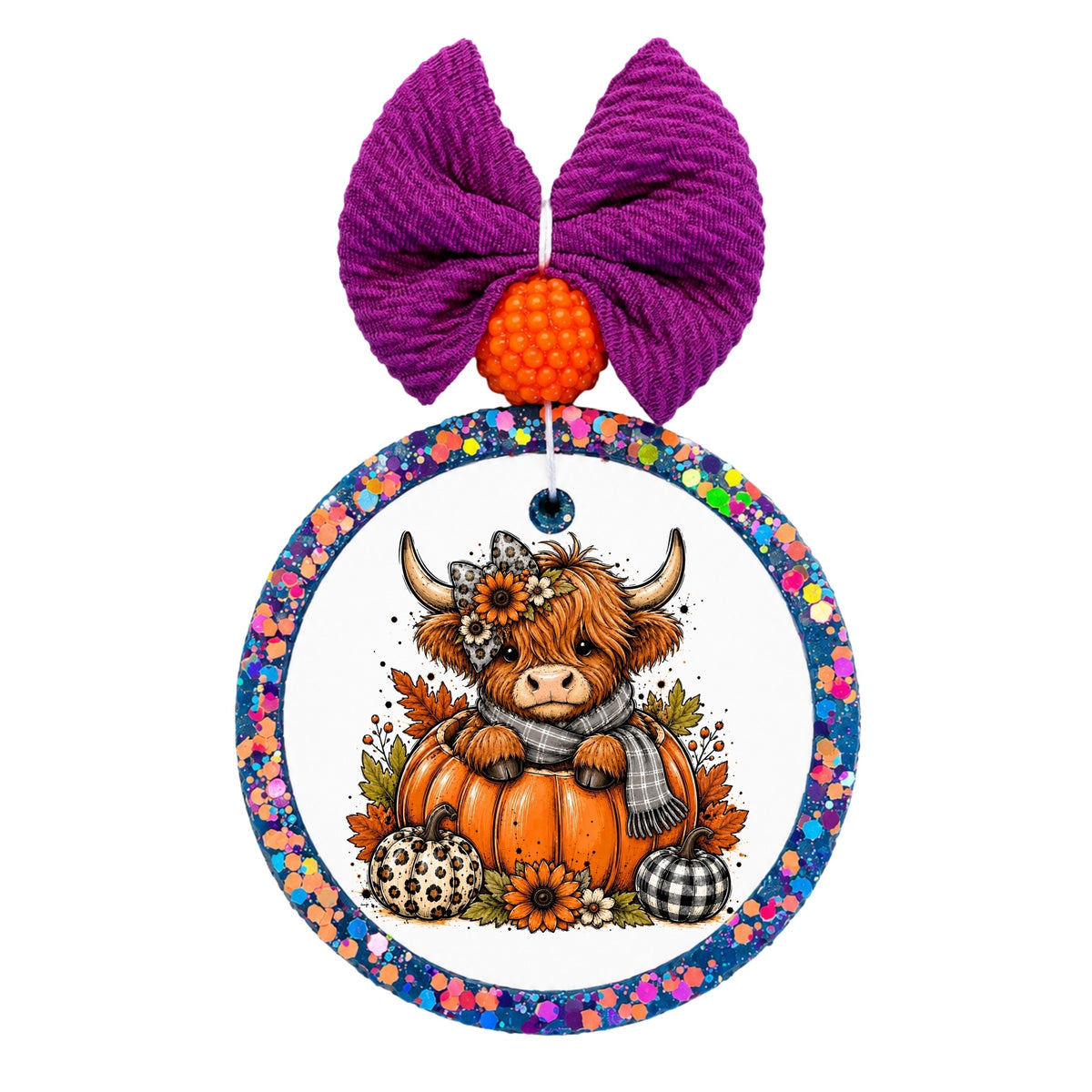 Cute Highland cow sitting in a pumpkin with fall flowers, leaves, scarf, and patterned pumpkins.