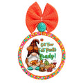 Get Your Fat Pants Ready text with fall gnome holding a turkey surrounded by pumpkins, pie, drink, and wine.