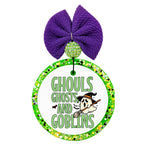 Ghouls Ghosts and Goblins text with a small ghost in a witch hat riding a broom.