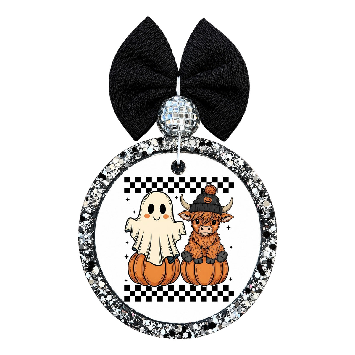 Cute ghost and Highland cow sitting on pumpkins with black-and-white checker accents.