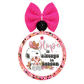Hope Is Always in Season text with a cartoon dog holding a pumpkin, pink awareness ribbons, and fall leaves.