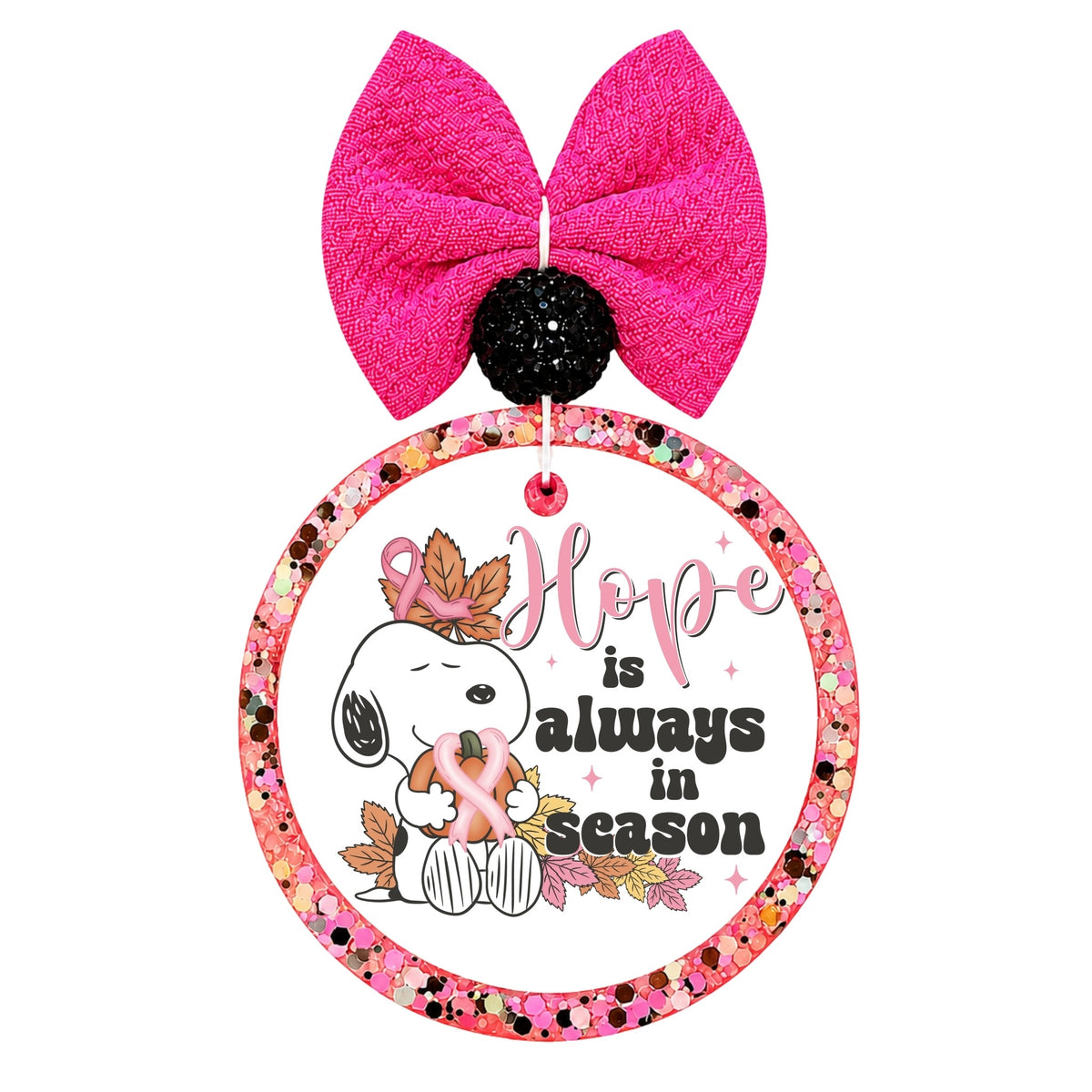 Hope Is Always in Season text with a cartoon dog holding a pumpkin, pink awareness ribbons, and fall leaves.