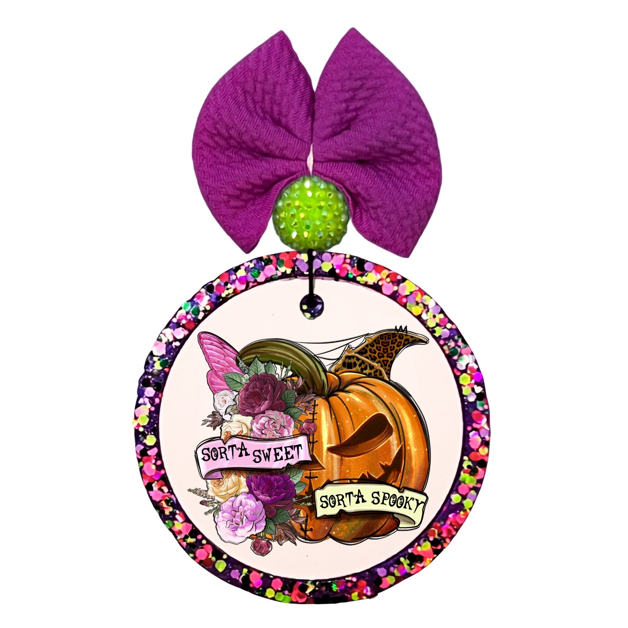 Sorta Sweet Sorta Spooky text with floral jack-o-lantern, flowers, fairy wing, and witch hat.