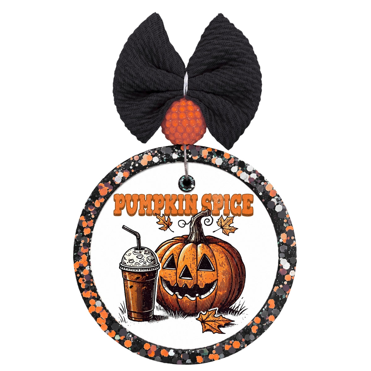 Pumpkin Spice text with iced coffee, jack-o-lantern, and fall leaves.
